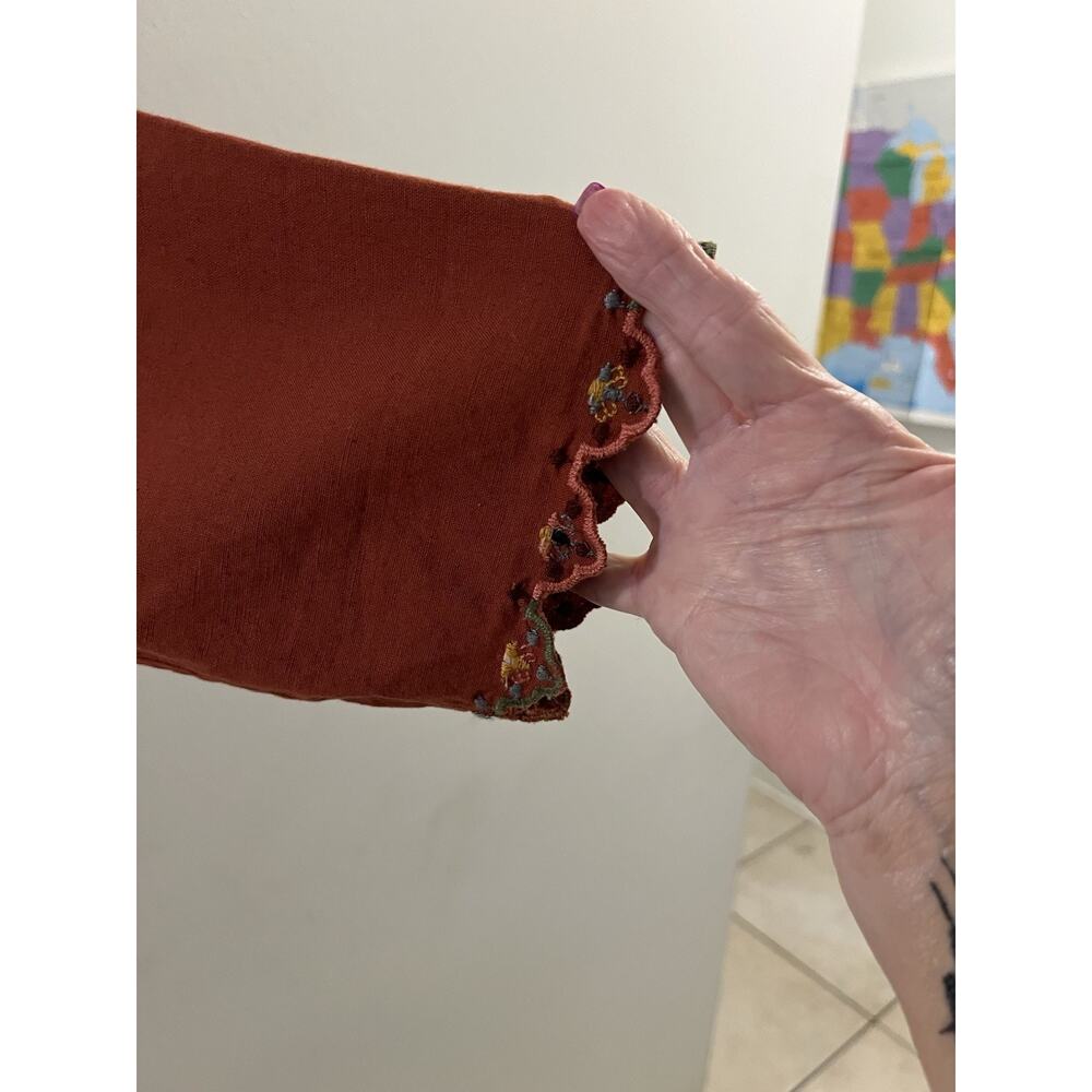 Zara Rust Floral Embroidered V Neck Popover Shirt Sz S Boho Peasant Linen Blend - Picture 4 of 10